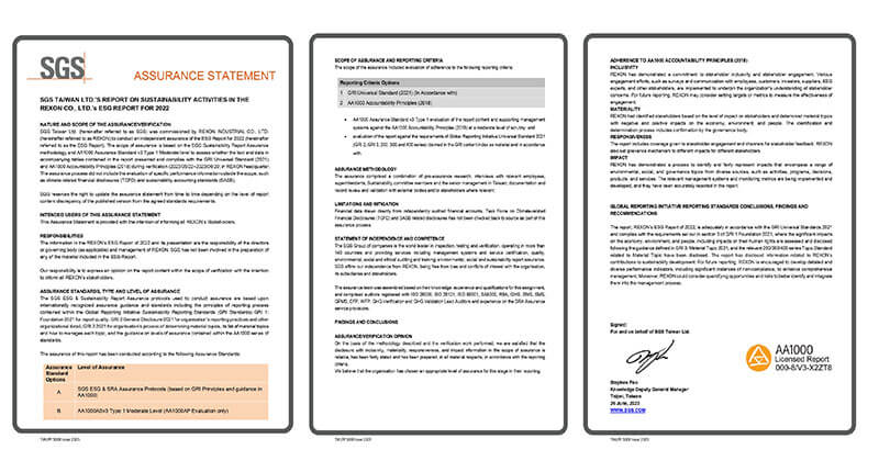 力山工業通過「全球永續性報導準則（GRI Standards）」及「 AA1000 保 證標準 v3 第一類型中度保證」查證。